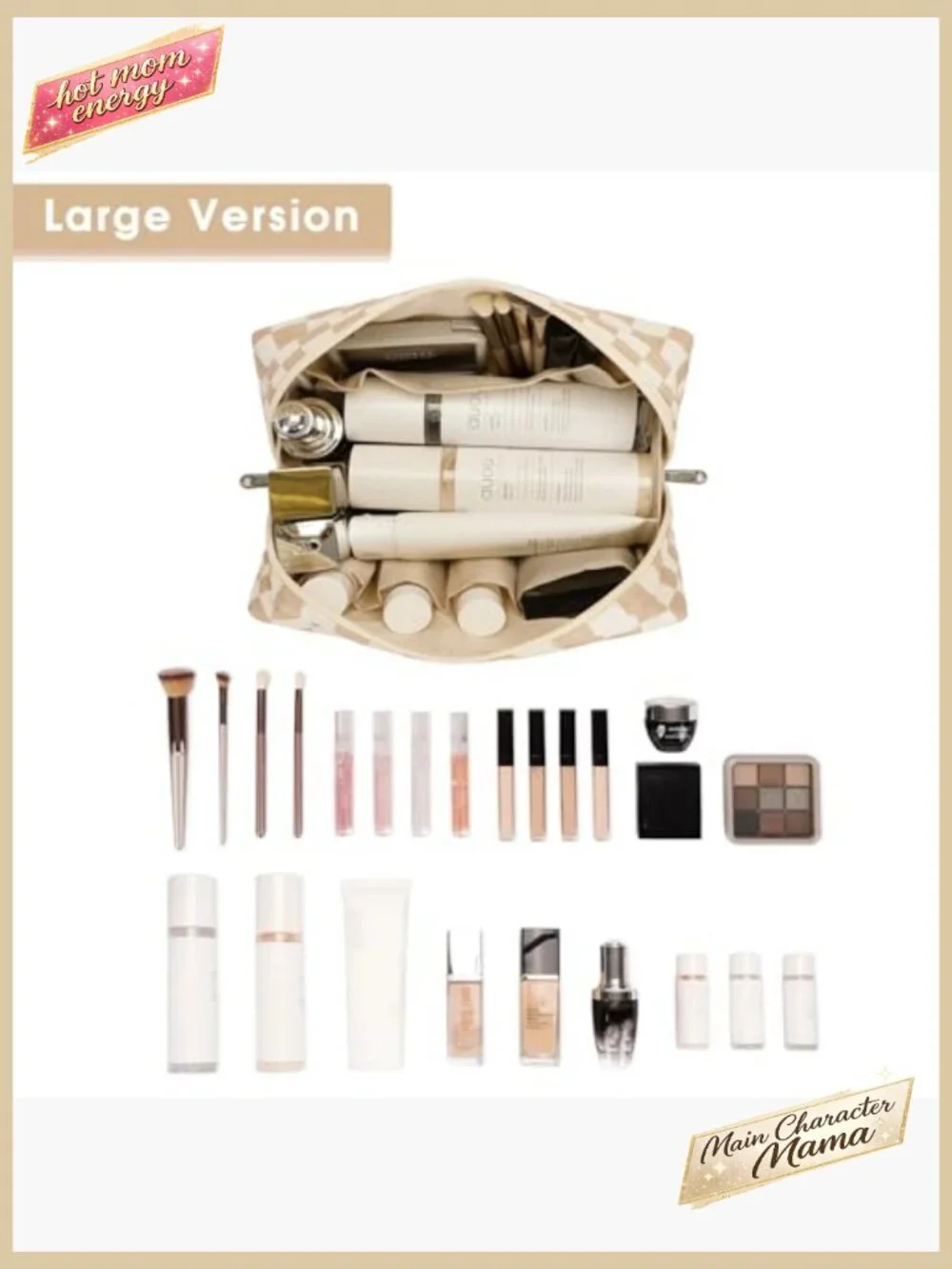 Large Checkered Cosmetic Bag Travel Organizer with Compartments Water-Resistant - Picture 2 of 6